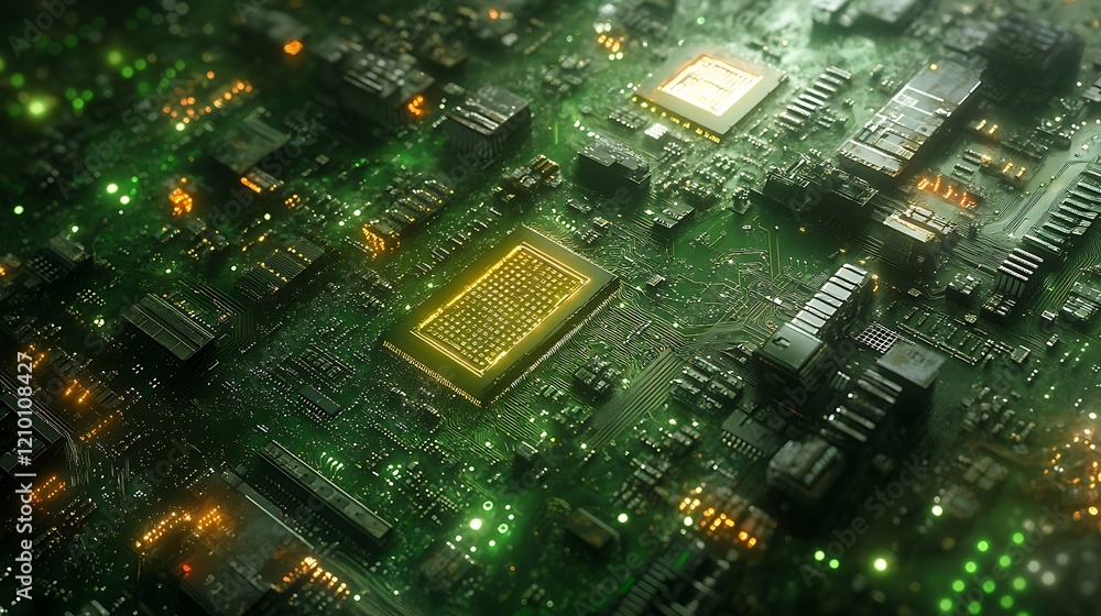 Poster circuit board abstract: a close-up, abstract view of a circuit board with glowing lights and a centr