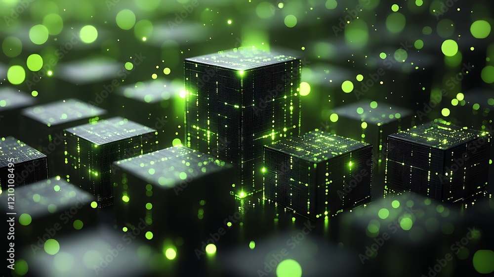 Poster green data cubes: abstract digital art of glowing green data cubes, floating in a dark space, repres