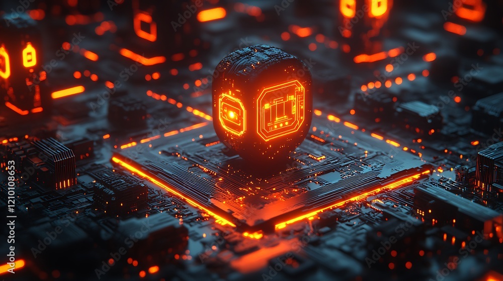 Poster cyber cube core: a glowing, futuristic cube containing data icons rests on a vibrant, illuminated ci