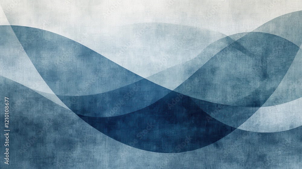 Poster Soft pencil strokes create a calming gradient of overlapping waves in deep blue shades on textured background