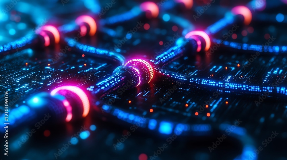 Poster neon network nodes: abstract digital illustration showcasing interconnected glowing nodes and data s