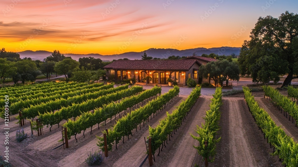 Poster Beautiful vineyard at sunset with rows of grapes and rustic building in the background