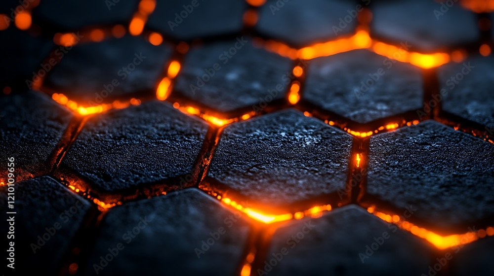 Poster glowing hexagon pattern: intricate hexagonal pattern glowing with intense orange light. the dark sto