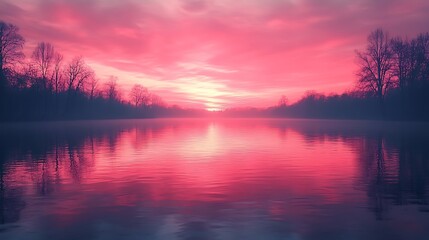 Obraz premium Pink Sunrise River Reflection: Serene landscape photograph capturing a breathtaking pink sunrise reflected in a calm river, with silhouetted trees lining the banks.