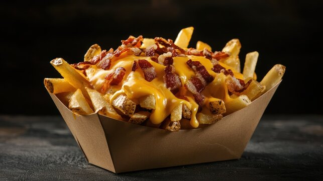 Loaded French fries topped with cheese and bacon.