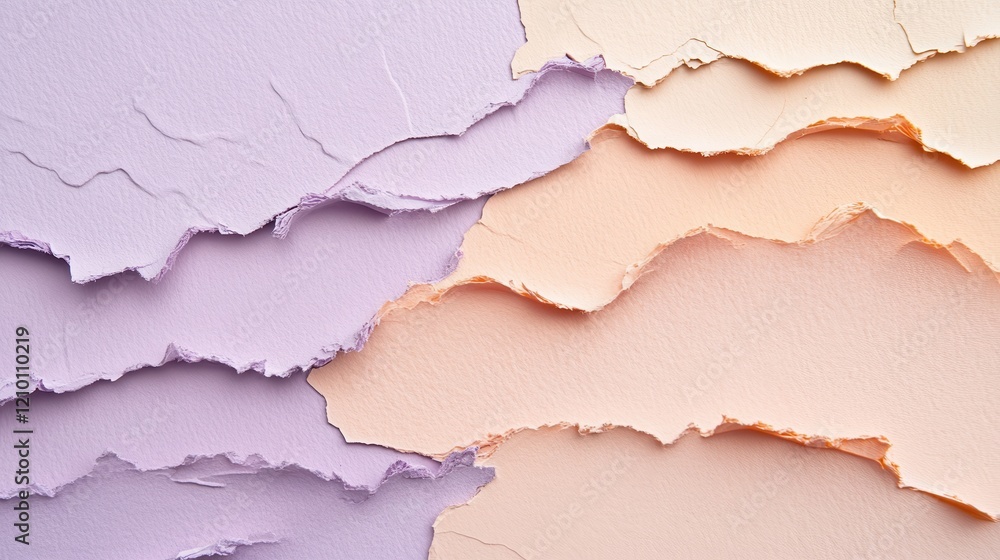 Poster minimalist art design featuring torn paper layers with soft pastel colors and subtle textures in a s