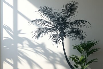 Sunlight illuminates wall-mounted palm tree decal, plant, interior design