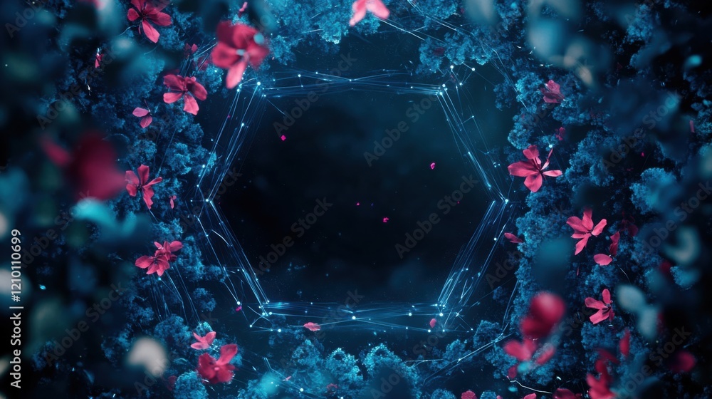 Aufkleber a blue and red flowered background with a hexagonal frame