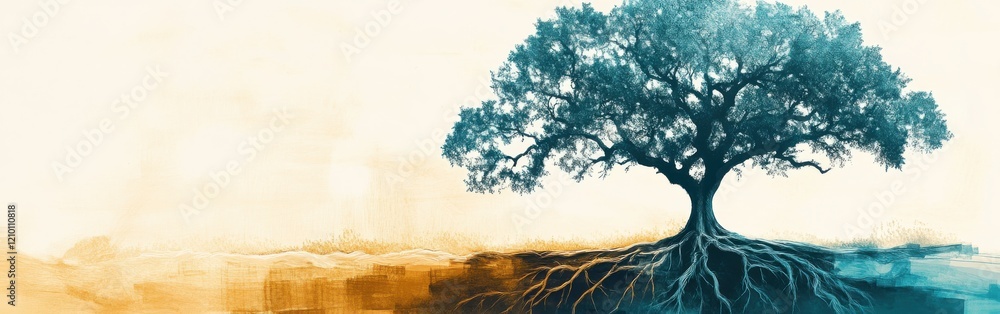 Poster elegant silhouette of a tree with intricate roots against a soft gradient background during sunrise 