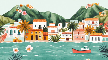 Naklejka premium Colorful coastal village with mountains and vibrant nature