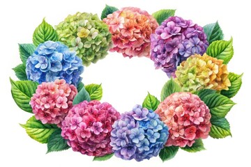 Vibrant watercolor hydrangea wreath, a botanical spring/summer celebration.