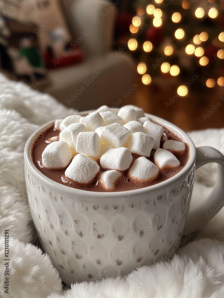 Poster close-up of steaming hot cocoa topped with fluffy marshmallows in a cozy setting during winter