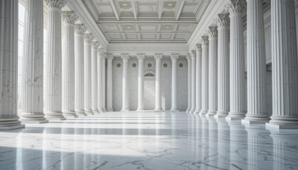Obraz premium Sunlit Marble Hallway with Classical Columns: Architecture, Interior Design, Grandeur, Luxury, White Marble Floor