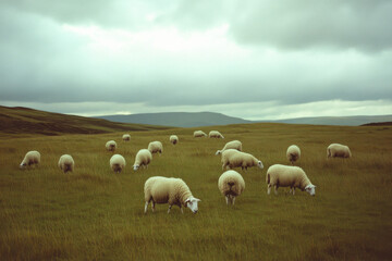 Obraz premium Flock of sheep grazing under a wide, open sky