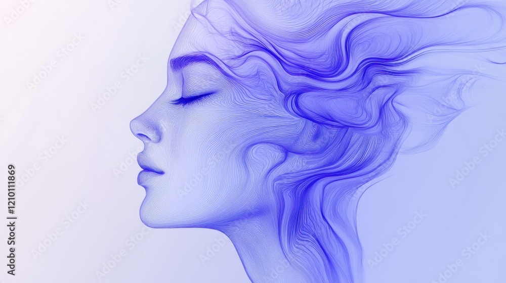 Aufkleber Abstract silhouette of a serene face creating a dreamy aesthetic with flowing lines in pencil sketch format during twilight