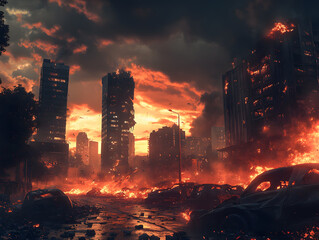Obraz premium post apocalyptic cityscape city fire flame urban landscape skyscraper nuclear war destruction damage destruct explode explosion