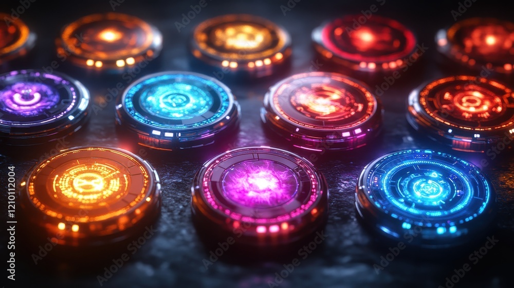 Poster a collection of glowing, futuristic circular buttons on a dark surface.
