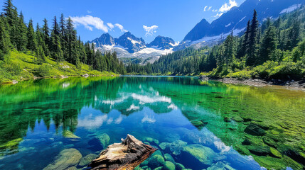 A stunning mountain lake with turquoise water, surrounded by snow-capped peaks and evergreen forests, reflecting a clear blue sky