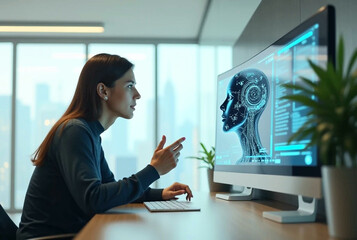 A woman working on advanced artificial intelligence technology, interacting with a digital interface displaying a futuristic human-like AI profile, in a modern office environment with large windows 