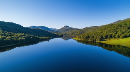 Obraz premium Aerial drone view of serene lake surrounded by lush green hills reflecting clear blue sky