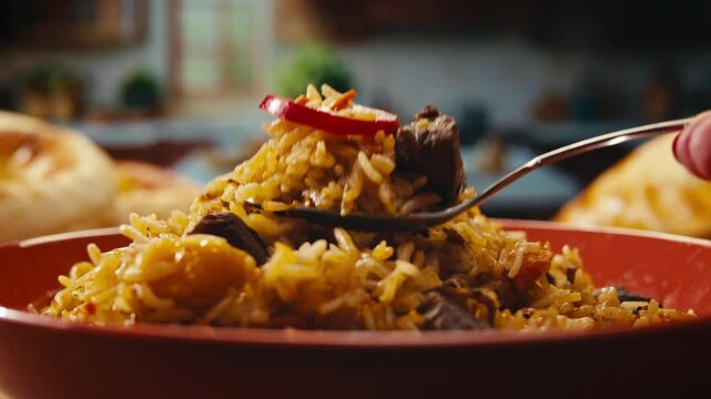 Middle eastern national traditional food, pilaf rice plov, samsa, Kabsa, dolma, tabbouleh close-up, rice and meat dish, d. Muslim family dinner, Ramadan, iftar. Kazakh Uzbek Arabian cuisine.