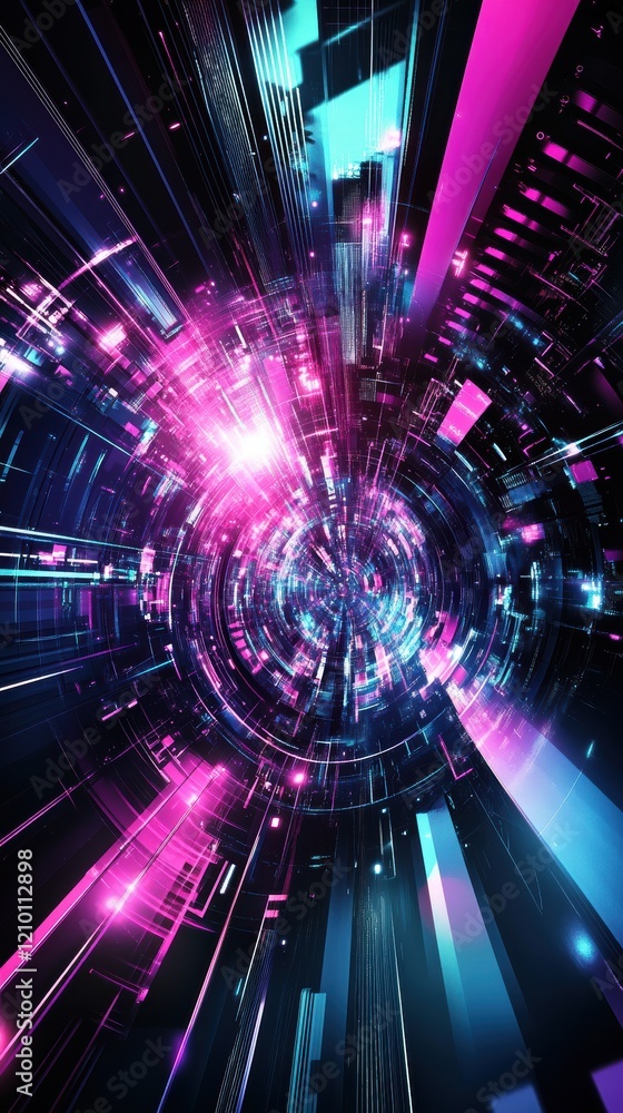 Poster vibrant abstract design featuring magenta hues in a dynamic circular pattern immersed in deep colors