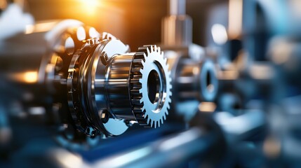 Fototapeta premium Industrial machine parts with shiny metal gears and bolts in a close up view with warm light