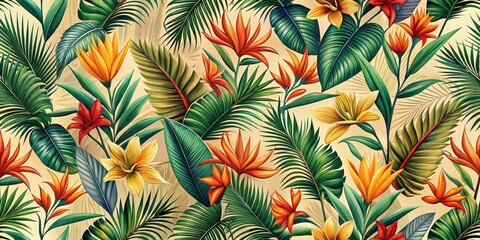 Naklejka premium Tropical seamless pattern with palm leaves and vibrant exotic flowers in shades of green