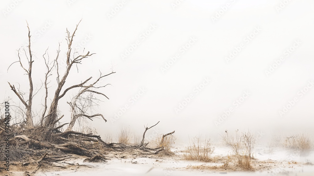 Poster bare trees and dry shrubs in a hazy landscape with a white background and soft light