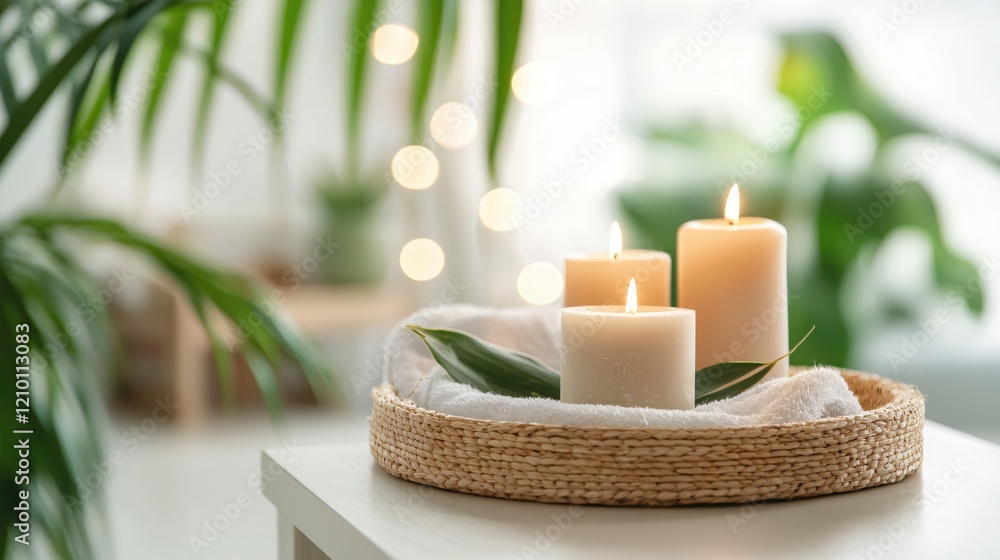 Poster lit candles in wicker tray with towel and leaf on table with green plant and bokeh lights