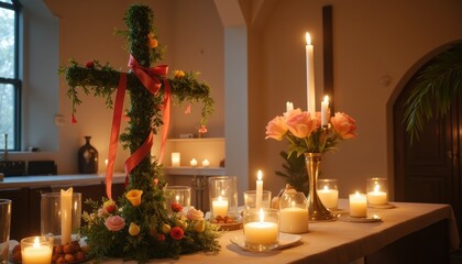 The image shows a beautifully decorated table with a cross made of greenery and flowers, surrounded by lit candles and a vase of pink roses. The scene is serene and appears to be set up for a religiou