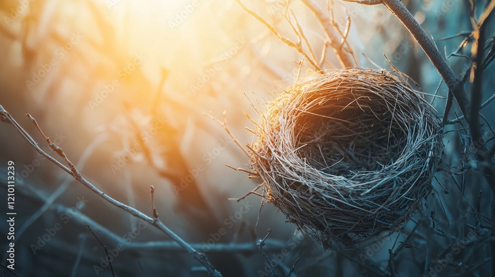 Poster empty bird nest in tree branches with warm sunlight shining through nature scene