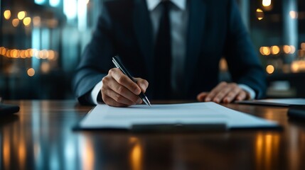Businessman circling dates on a document with a pen in a modern office setting