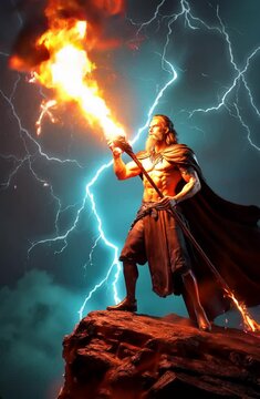 Sorcerer with a flaming staff exuding power during a stormy night