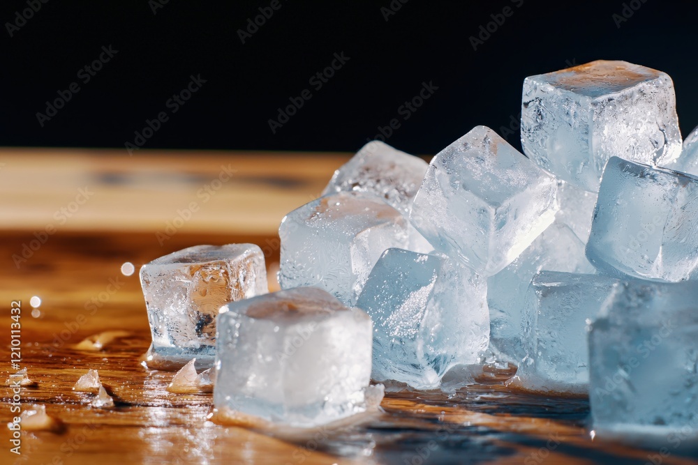 Aufkleber ice cubes melting on a wooden surface with a dark background creating a refreshing mood