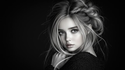 Blonde woman, braided hair, studio portrait, dark background, beauty fashion