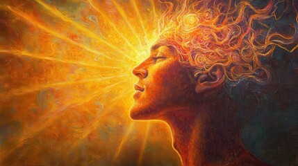 Vibrant face of a man radiating warmth in a golden sunrise backdrop during early morning