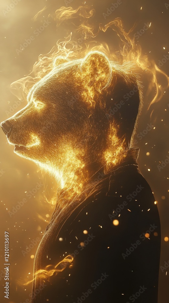 Poster Surreal visualization of a man's silhouette with a glowing bear head against a mystical background