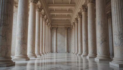 Obraz premium Grand Marble Columns in Classical Architecture Hallway: Ancient Greco-Roman Design, Power, History, Luxury.