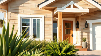 Fototapeta premium Modern House Exterior: Architectural Design and Landscaping. Luxury home with contemporary design, showcasing beautiful wood siding, entrance, and landscaping.