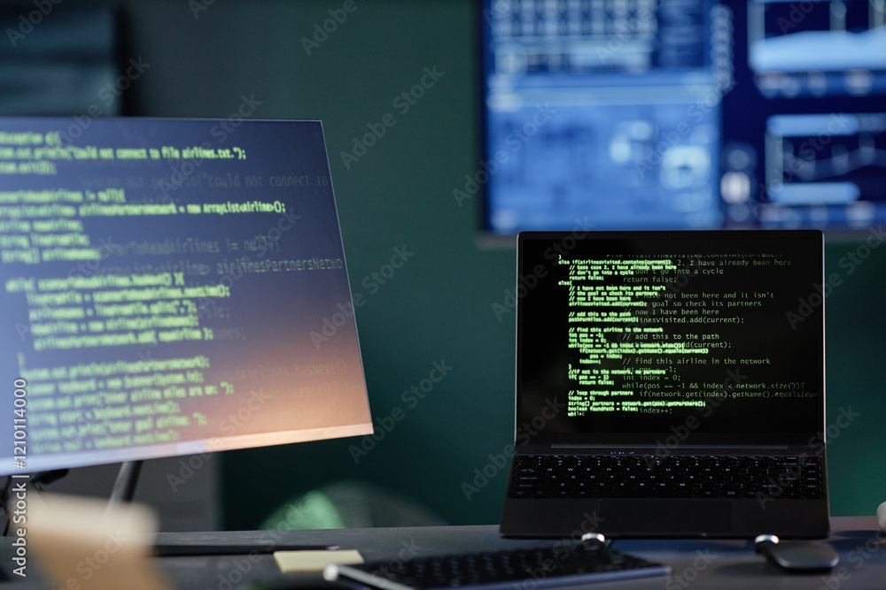 Poster background shot of laptop on support stand resting on professional programmers workstation with seve