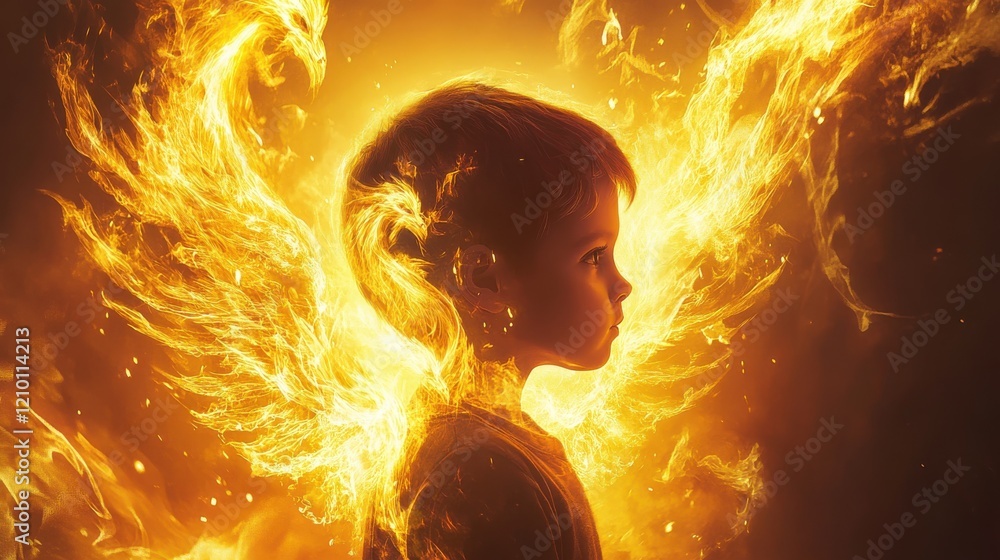 Poster Surreal portrait of a glowing child with fiery wings in a mystical setting