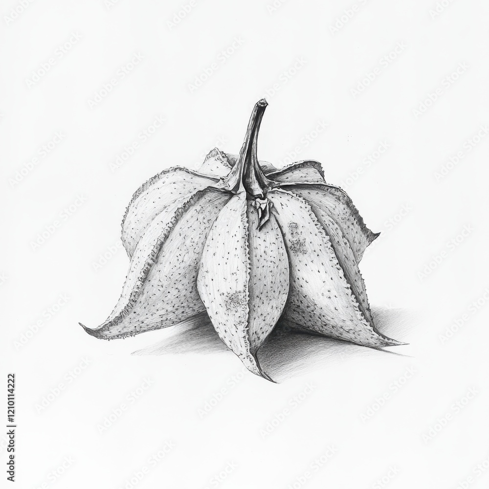 Poster unique starfruit drawing showcasing sharp angles and intricate details in pencil on textured paper