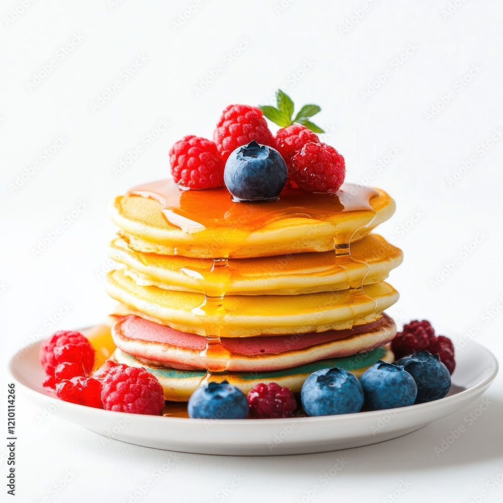 Poster colorful stack of pancakes with fresh berries and syrup served on a plate for a delightful breakfast