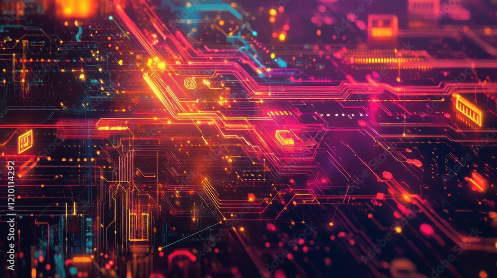 Poster striking visualization of cryptocurrency as a network of glowing circuits in vibrant colors