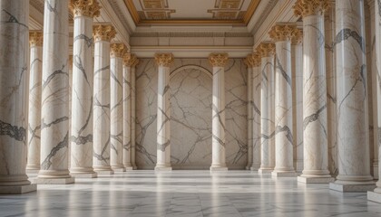 Naklejka premium Sunlit Marble Colonnade: Elegant Classical Architecture, Interior Design, Grandeur, Luxury, Columns, Hall, Palace, Temple