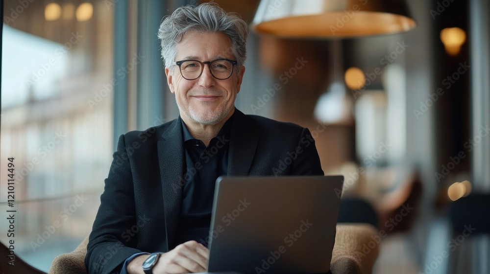 Poster sophisticated workspace featuring a middle-aged man engaged with his laptop in a modern setting