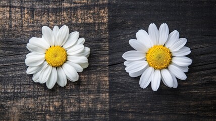 Obraz premium Two white daisies with yellow centers on dark wooden surface