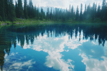 Reflection of the sky and trees on the surface of a calm lake