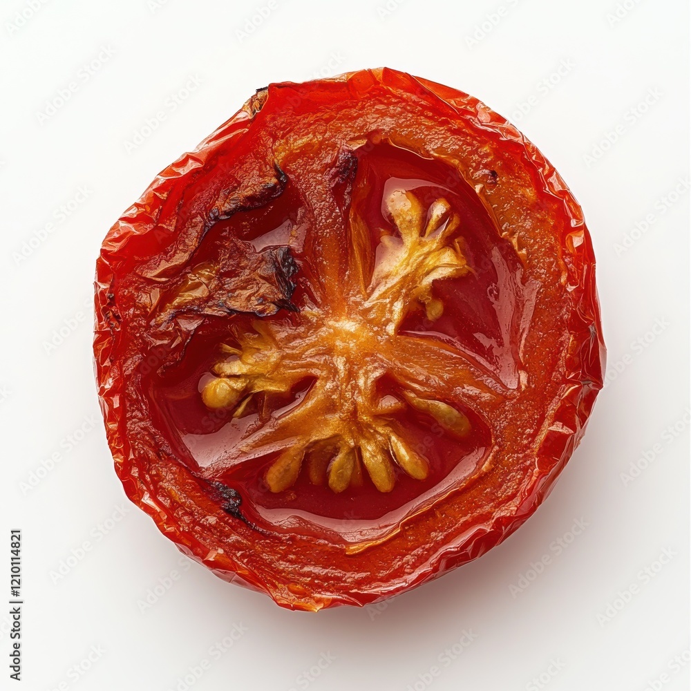 Poster roasted tomato slice with caramelized texture and vibrant red color on a neutral background